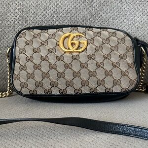 Gucci Beige and Black Crossbody Bag with Gold Accents